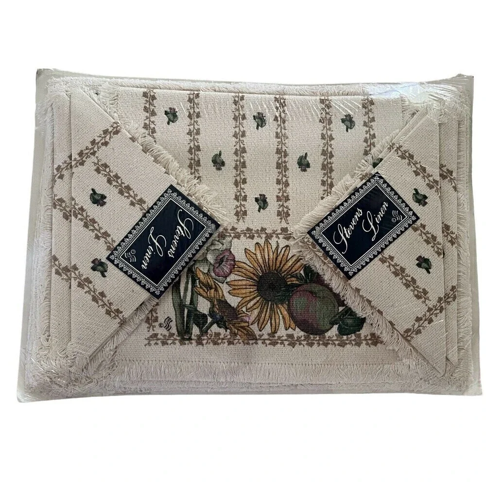 Vintage Stevens Linen Placemats Napkins Cup Towel Original Packaging Flowers